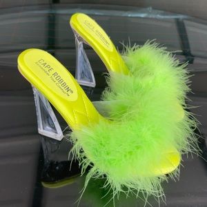 Lime green faux fur sandal with clear heel